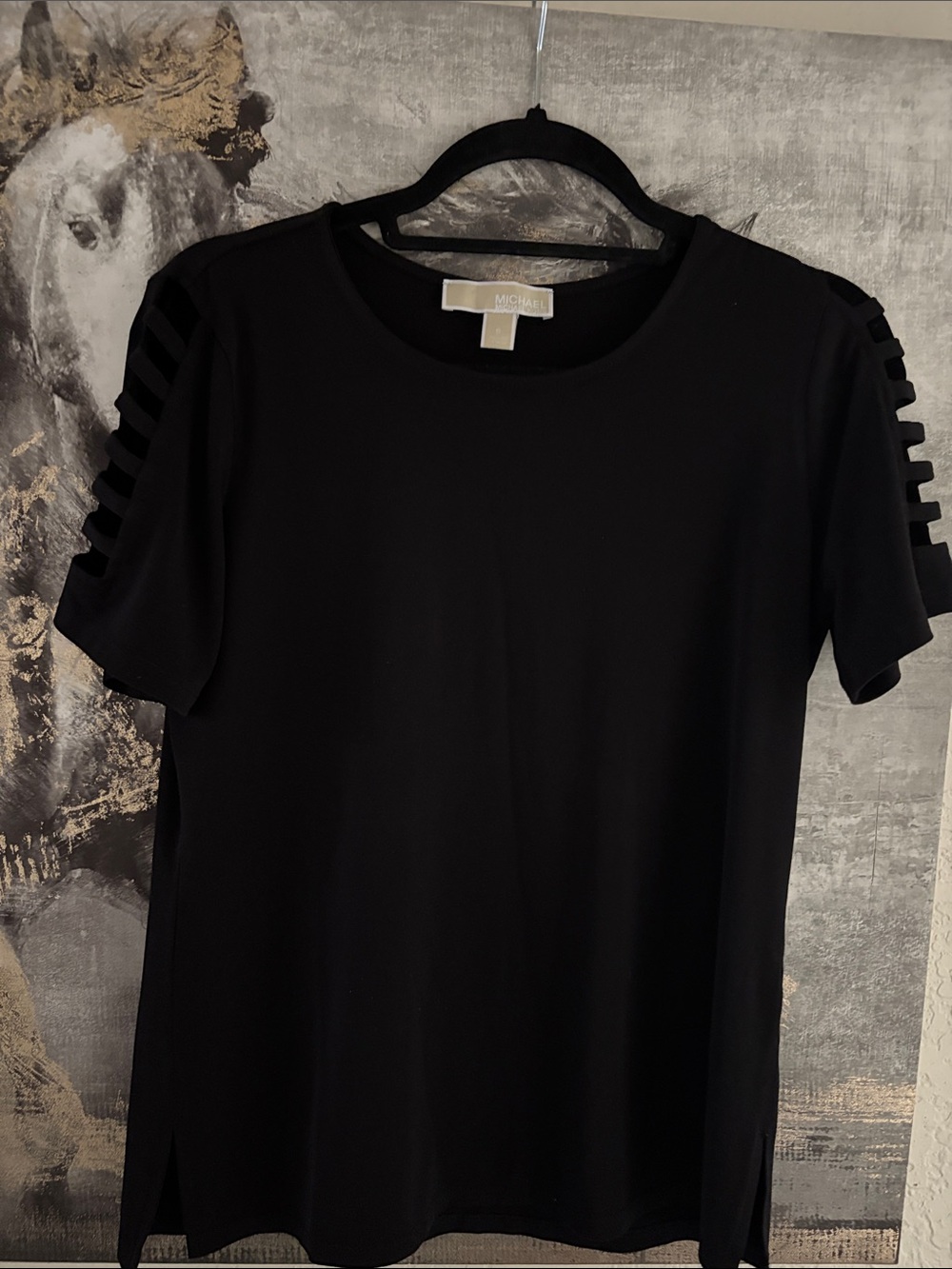 Michael Kors Black Short Sleeve Tee with Ladder-Sleeve Detail
